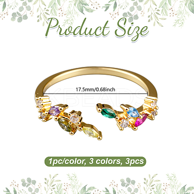 3Pcs 3 Colors Brass Micro Pave Cubic Zirconia Cuff Rings for Women RJEW-GO0001-28B-1