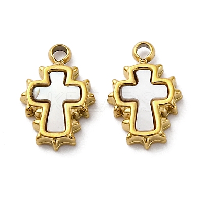 304 Stainless Steel Pave Natural White Shell Cross Charms STAS-S163-26G-1