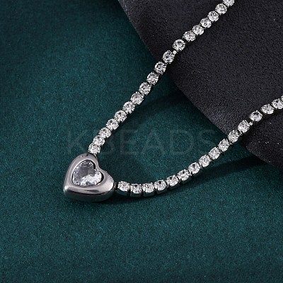 304 Stainless Steel Clear Cubic Zirconia Heart Pendant Necklaces for Women NJEW-Z044-15P-02-1