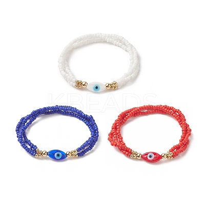 3Pcs 3 Color Evil Eye Lampwork & Glass Seed & Brass Beaded Triple Layer Multi-strand Bracelets Set for Women BJEW-JB09251-1