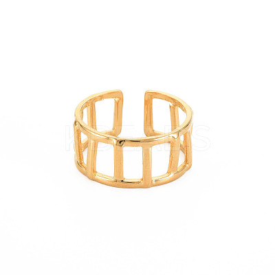 Ion Plating(IP) 304 Stainless Steel Rectangle Hollow Open Cuff Ring for Women RJEW-S405-161G-1