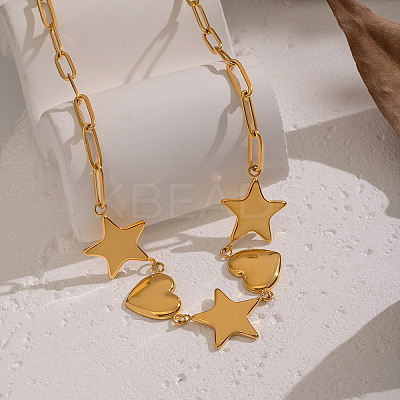 304 Stainless Steel Star Heart Link Chain Necklaces for Women UT7445-1