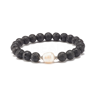 Natural Pearl & Lava Rock Beaded Stretch Bracelet BJEW-JB07760-1