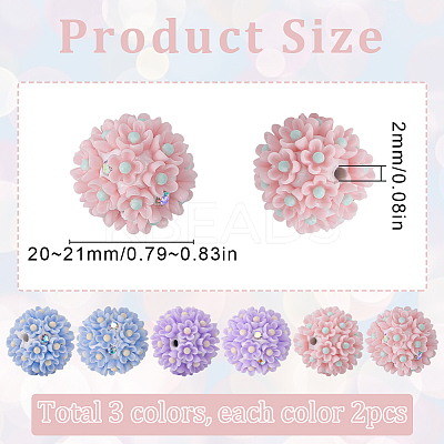 6Pcs 3 Colors Handmade Polymer Clay Rhinestone Floral Ball Beads CLAY-SC0002-14-1