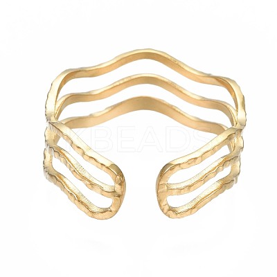 304 Stainless Steel Triple Line Wave Open Cuff Ring RJEW-T023-02G-1