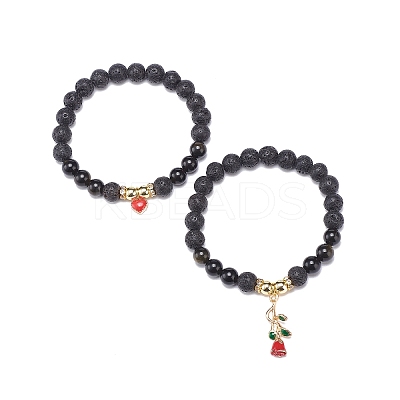 2Pcs 2 Style Style Natural Lava Rock & Golden Sheen Obsidian & Synthetic Hematite Stretch Bracelets Set BJEW-JB08734-1
