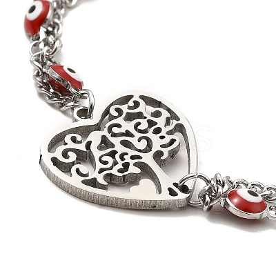 Red Enamel Evil Eye & 304 Stainless Steel Curb Chains Double Layer Multi-strand Bracelet with Charm for Women BJEW-C025-09P-1