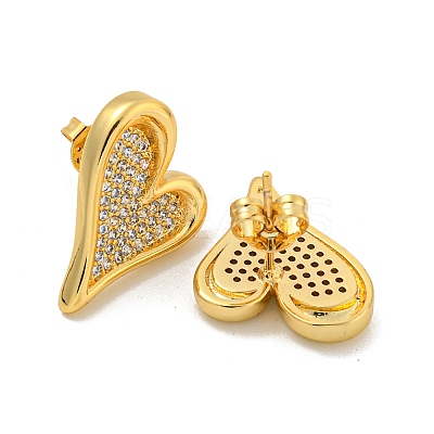 Heart Brass Pave Clear Cubic Zirconia Stud Earrings for Women EJEW-N054-42G-1