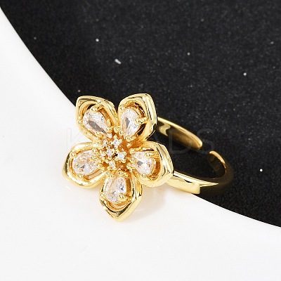 Flower Brass Micro Pave Clear Cubic Zirconia Cuff Rings RJEW-S633-02G-1