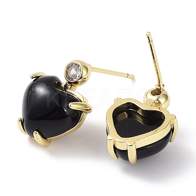 Heart Natural Dyed & Heated Black Agate Dangle Stud Earrings with Cubic Zirconia EJEW-B027-23G-1