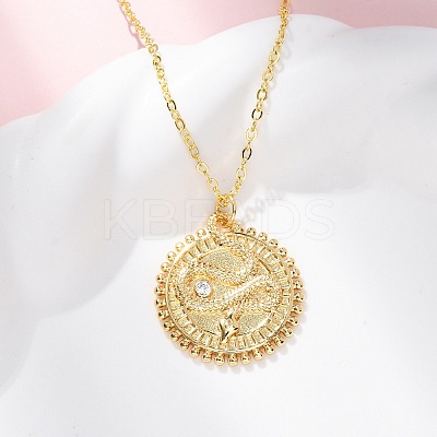 Brass Micro Pave Clear Cubic Zirconia Flat Round with Snake Pendant Necklaces LS-NJEW-S438-02A-G-1
