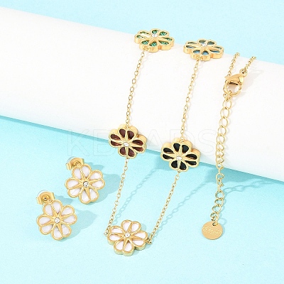 304 Stainless Steel with Resin Flower Link Chain Necklaces & Stud Earrings SJEW-Z005-02G-03-1