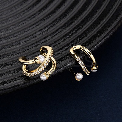 Brass Micro Pave Clear Cubic Zirconia C-Shaped Cuff Earrings EJEW-D328-08G-1