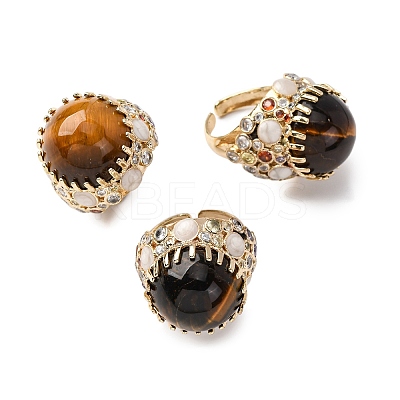 Half Round Natural Tiger Eye Cubic Zirconia Cuff Rings RJEW-M076-01G-03-1
