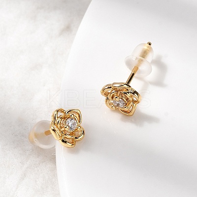 Flower Brass Micro Pave Clear Cubic Zirconia Stud Earrings EJEW-P331-05G-1