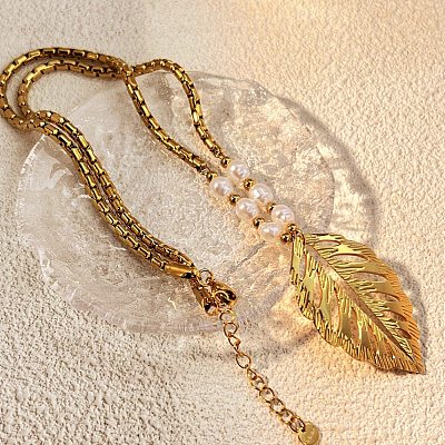 304 Stainless Steel Leaf Pendant Necklaces for Women NJEW-U038-02G-1