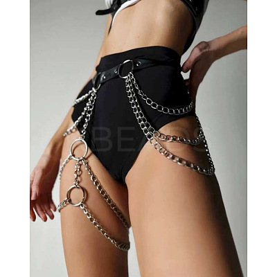 Black Imitation Leather Alloy Curb Chain Layered Tassel Leg Chain Waist Body Chains for Sexy Woman FS-WGB0E32-01-1