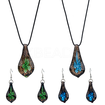2 Sets 2 Colors Teardrop with Flower Glass Dangle Earrings & Pendant Necklace SJEW-FI0001-14-1