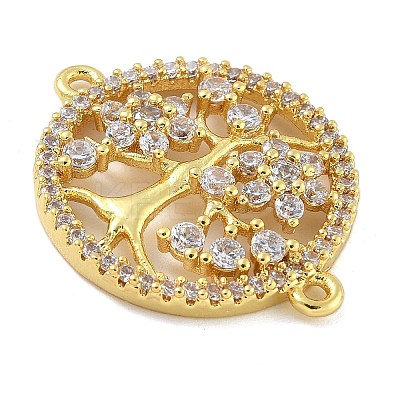 Rack Plating Brass Clear Cubic Zirconia Flat Round with Tree Connector Charms KK-A234-033G-1