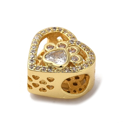 Heart with Paw Print Pattern Rack Plating Brass Micro Pave Cubic Zirconia European Beads KK-G511-05B-G-1