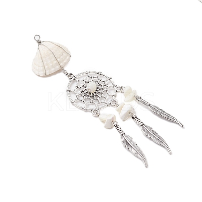 4Pcs 4 Styles Natural Shell & Synthetic Turquoise & Alloy Woven Web/Net with Feather Big Pendants PALLOY-JF03444-1