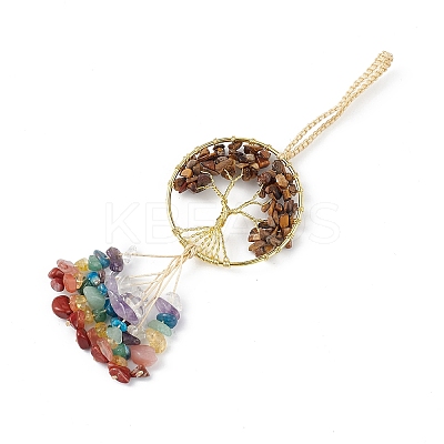 Natural Tiger Eye Tree of Life with Mixed Gemstone Chips Tassel Big Pendant Decorations HJEW-H057-03G-A03-1