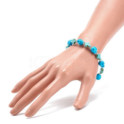 Synthetic Turquoise(Dyed) Cross & Skull Beaded Stretch Bracelet BJEW-JB08452-04-1