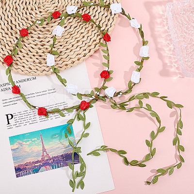 2Pcs 2 Colors Polyester Artificial Rose Garland Headbands Hair Vine AJEW-CP0008-26B-1