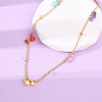 304 Stainless Steel Ball Chain Colorful Cubic Zirconia Flat Round Tassel Necklaces for Women NJEW-A051-03G-01-1