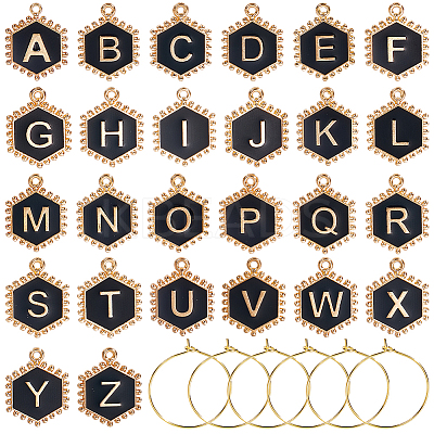 Hexagon with Letter Alloy Black Enamel Pendants Wine Glass Charms DIY-SC0030-20-1