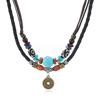 Adjustable Coin Alloy & Synthetic Turquoise & Wood Beaded Pendant Necklaces FS-WG4430E-01-1
