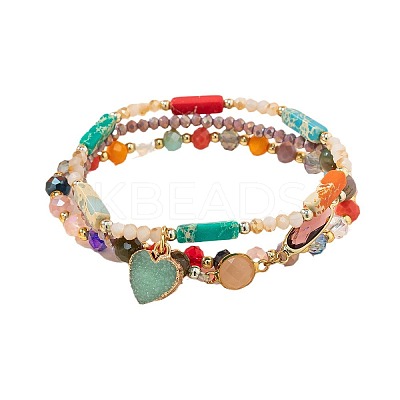 3Pcs 3 Styles Glass & Resin Beaded Stretch Bracelets & Alloy Heart Charms Bracelets for Women FS-WGDA739-01-1