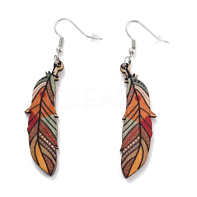 Bohemia Vintage Wood Feather Dangle Earrings LS-EJEW-I261-07P-1