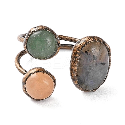 Oval & Round Natural Labradorite & Rose Quartz & Green Aventurine Open Cuff Rings RJEW-A041-01R-1