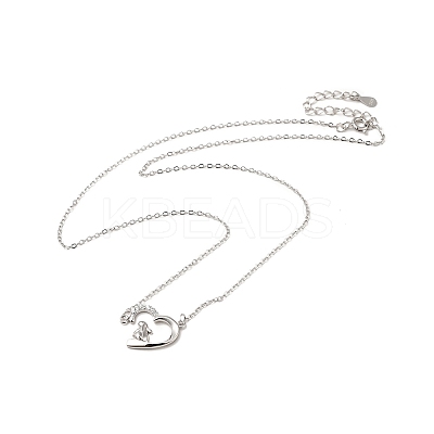 Rhodium Plated 925 Sterling Silver Rabbit with Heart Pendant Necklace with Clear Cubic Zirconia for Women NJEW-E034-02P-1