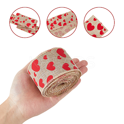 10 Yards Burlap Heart Printed Wired Ribbon OCOR-WH0082-262-1