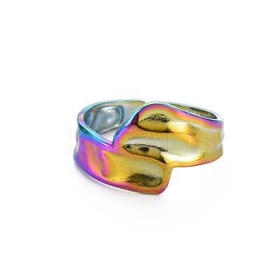 Rainbow Color 304 Stainless Steel Irregular Wide Band Open Cuff Ring for Women RJEW-N038-049M-1