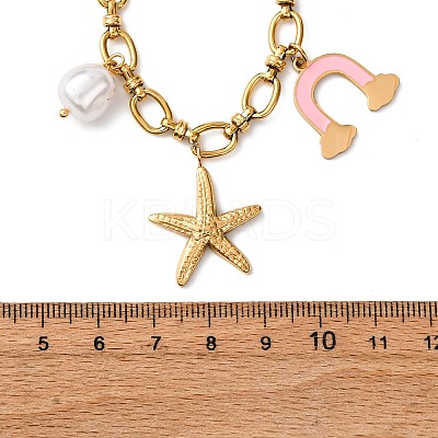 304 Stainless Steel Starfish Dolphin Shell Pink Enamel Rainbow Pendant Necklaces for Women NJEW-F346-01G-1