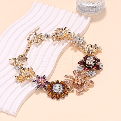 Flower Alloy Colorful Rhinestone Bib Necklaces for Women NJEW-F357-05KCG-1