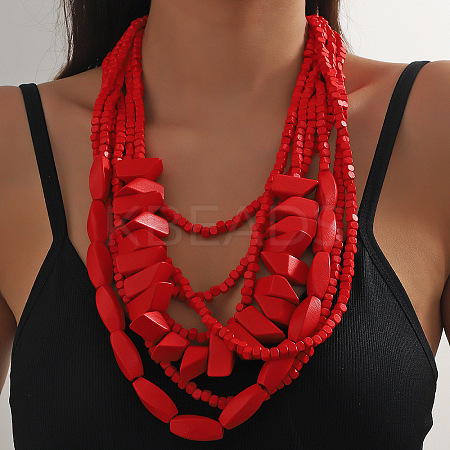 Bohemian Style Wood Geometric Beaded Multilayer Necklaces for Women WG33684-07-1
