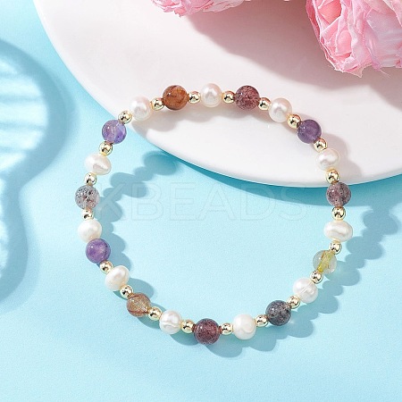 Natural Auralite 23 & Cultured Freshwater Pearl Beaded Stretch Bracelets for Women BJEW-JB13356-1