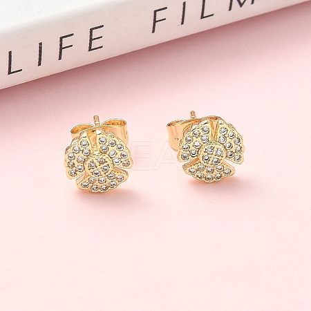 Flower Brass Micro Pave Clear Cubic Zirconia Stud Earrings EJEW-Z144-03G-1
