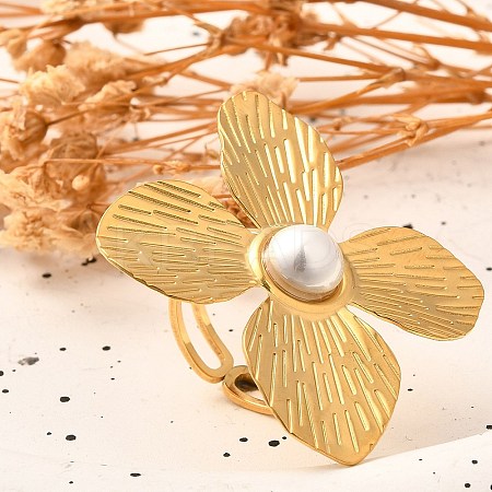 Flower Stainless Steel Open Cuff Ring for Women RJEW-R006-02G-1