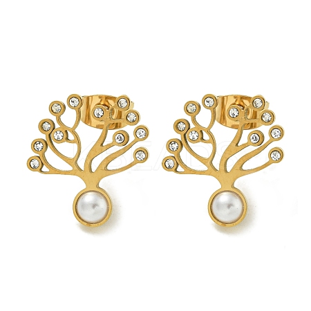 Ion Plating(IP) 304 Stainless Steel & Rhinestone & ABS Plastic Pearl Stud Earrings EJEW-G400-05G-1