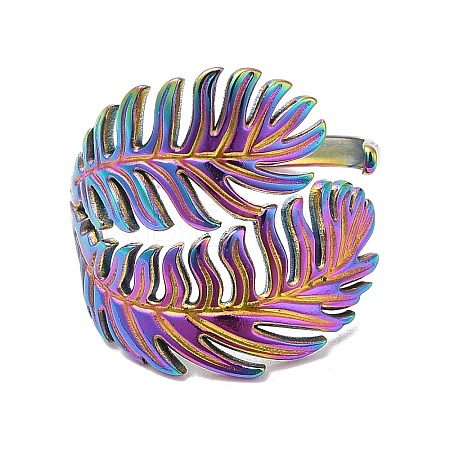 Ion Plating(IP) 304 Stainless Steel Leaf Open Cuff Ring for Women RJEW-M149-23RC-1