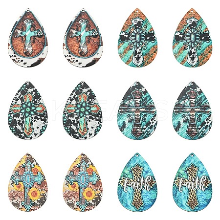 30pPcs 6 Colors Printed Cross Wood Big Pendants WOOD-YW0001-43-1