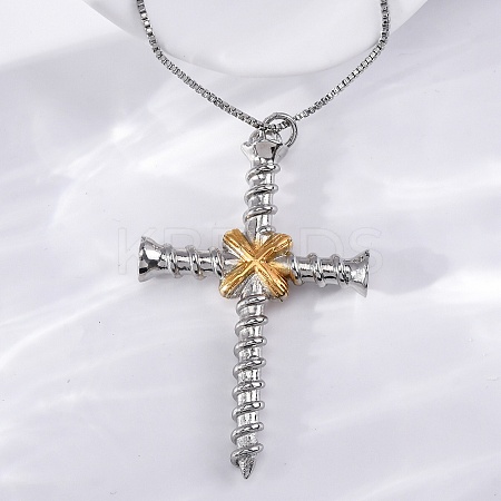 Brass Screw Cross Pendant Box Chain Necklaces for Women Men NJEW-C067-06P-1