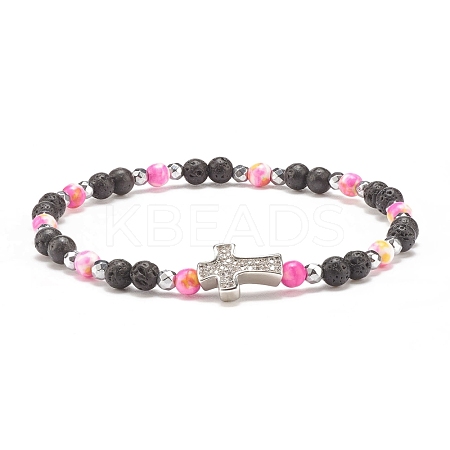 Natural & Synthetic Mixed Gemstone Beaded Stretch Bracelet with Clear Cubic Zirconia Cross for Women BJEW-JB08247-04-1