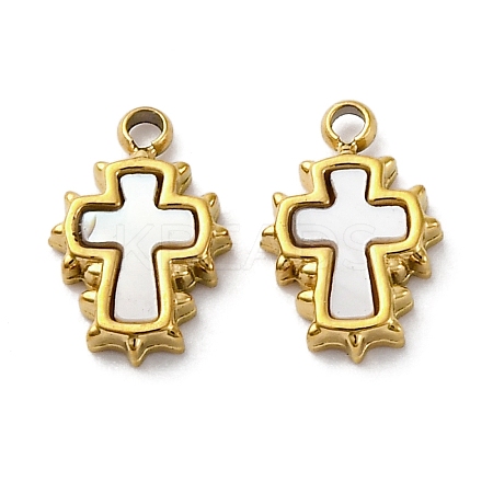 304 Stainless Steel Pave Natural White Shell Cross Charms STAS-S163-26G-1