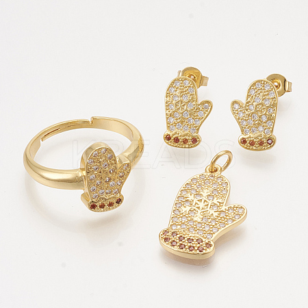 Brass Cubic Zirconia Pendants & Stud Earrings & Adjustable Rings Jewelry Sets SJEW-S043-09-1